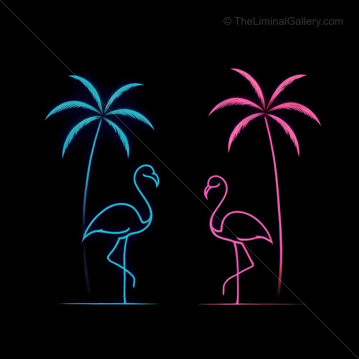 Bright neon flamingos and palm trees create a colorful tropical scene at night