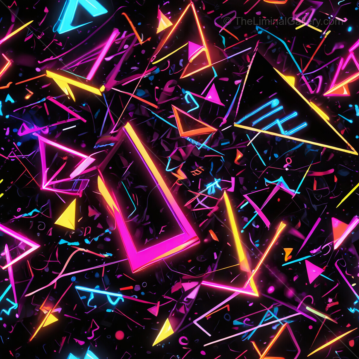 Vibrant 80s geometric shapes and neon lights create an electrifying digital landscape