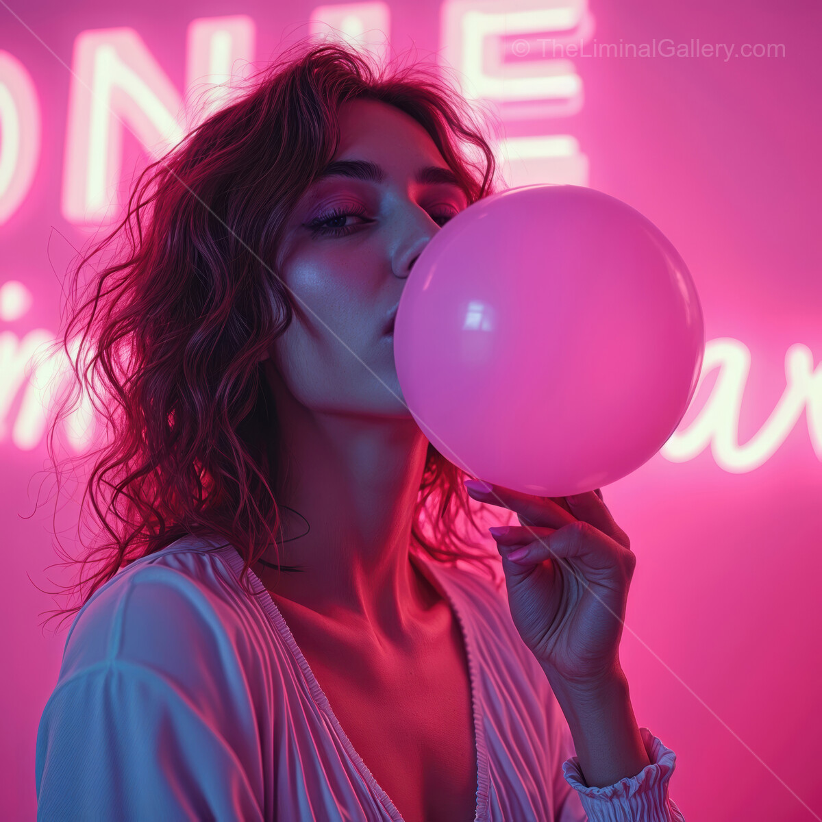 Woman blowing a pink bubble in front of a vibrant neon backdrop at dusk