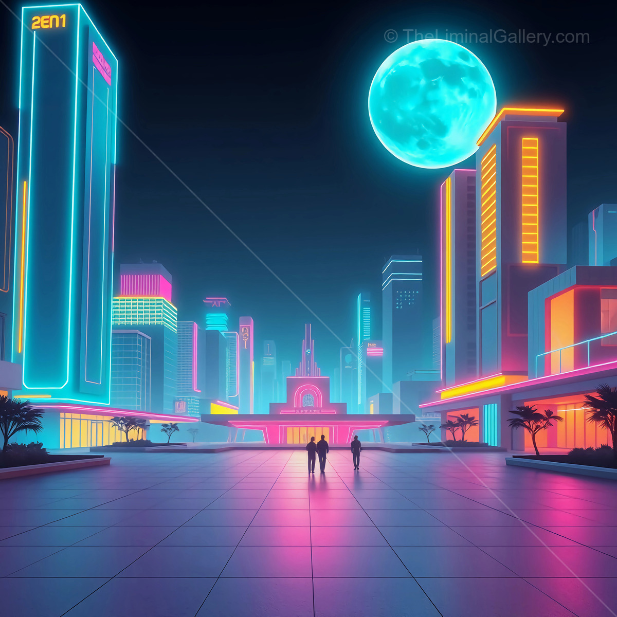 Vibrant synthwave night stroll through a futuristic neon city under a glowing blue moon