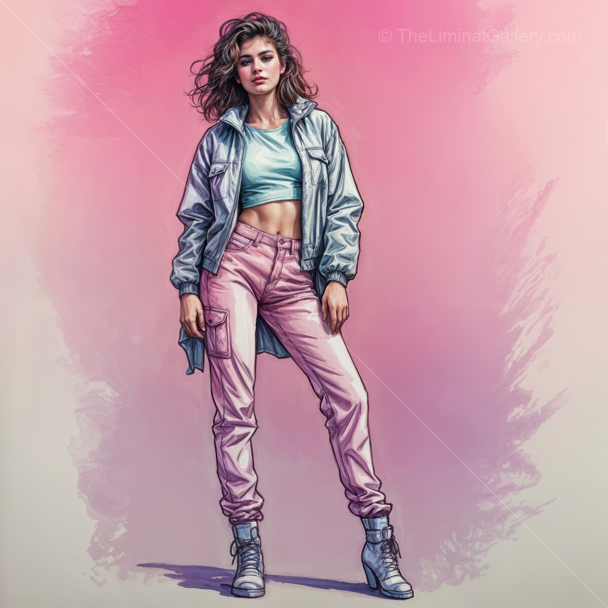 Fashion inspiration in 80s pastel colors featuring a confident model in a contemporary urban setting