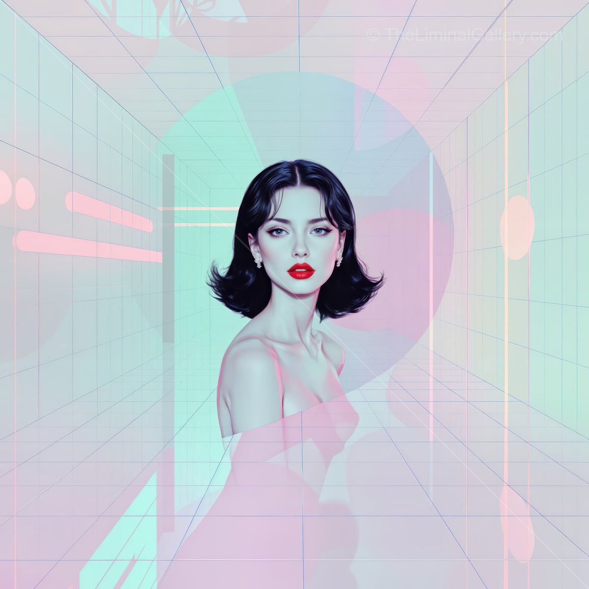 Portrait of a captivating woman in a surreal, futuristic setting with soft neon colors and smooth lines