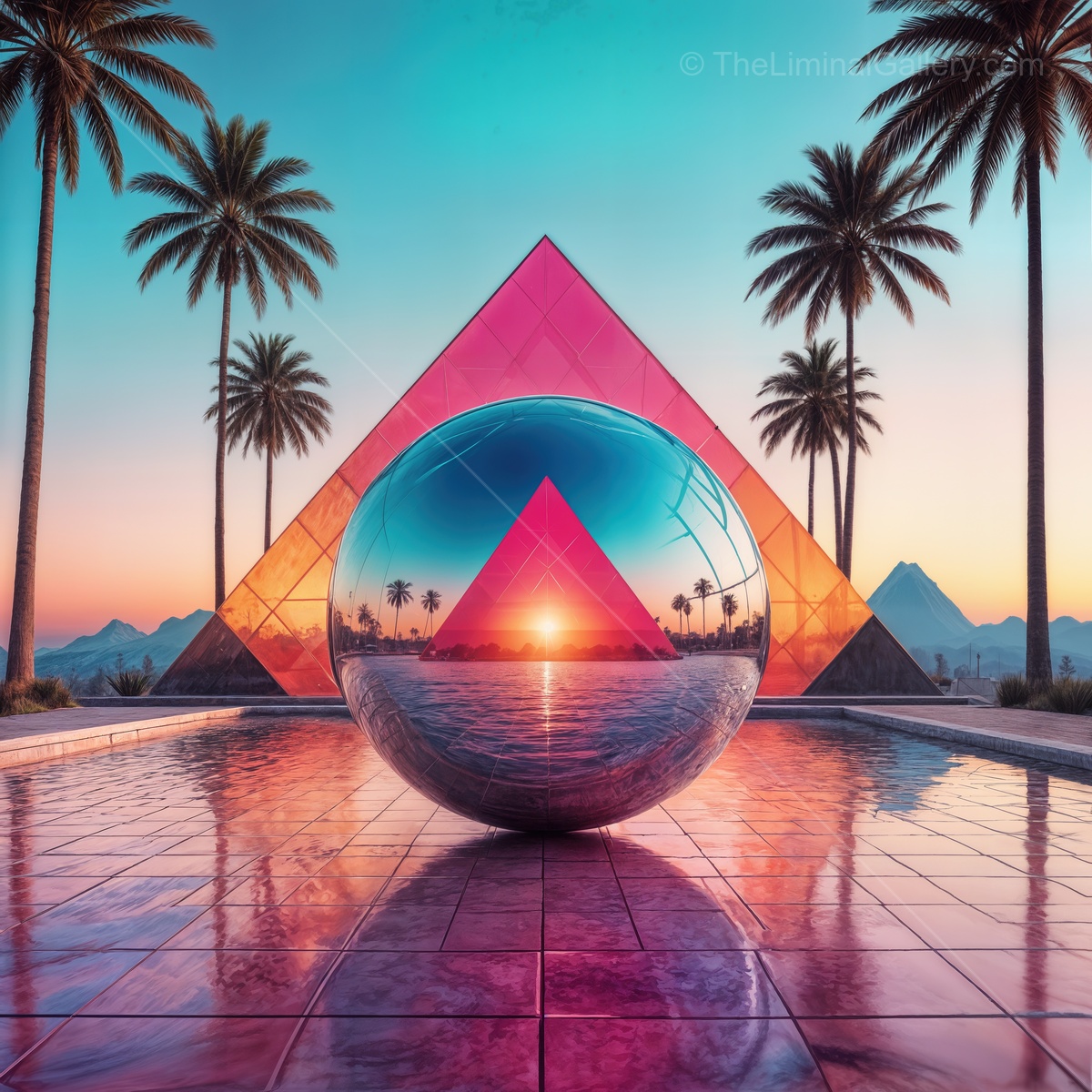 Stunning sunset reflections in a surreal landscape with geometric shapes and palm trees