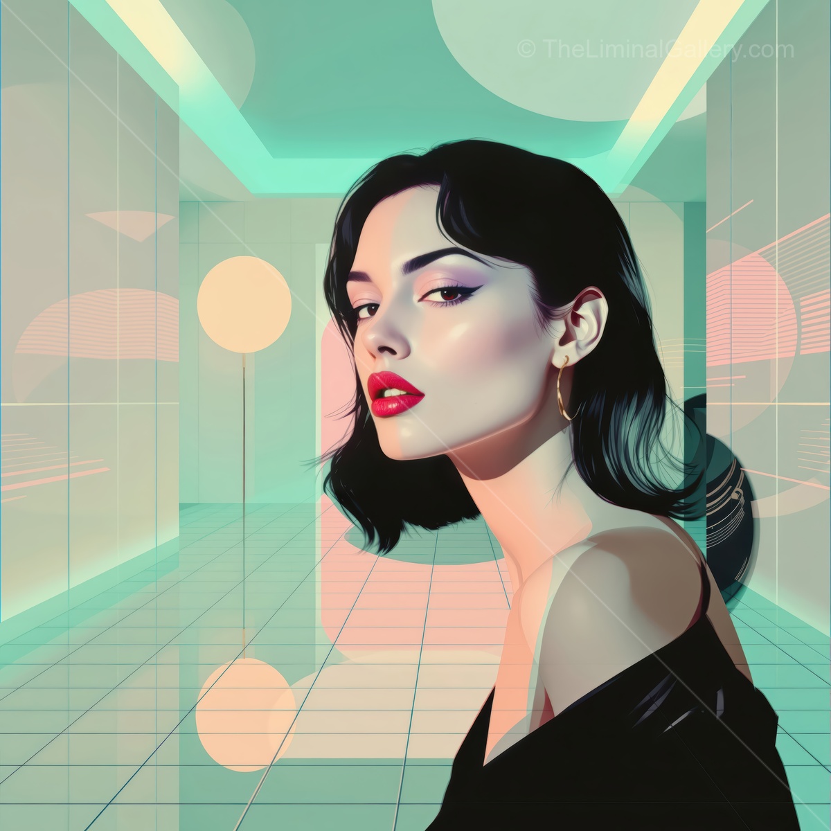 Stylish woman in a vibrant hallway with modern design elements and soft lighting