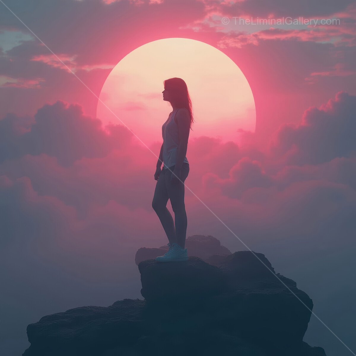 Ethereal silhouette at sunset against vibrant clouds illuminating the sky