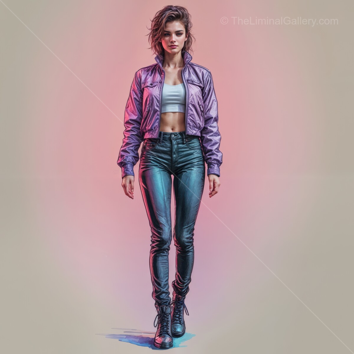 Stylish 80s woman confidently walking in urban fashion with vibrant background colors