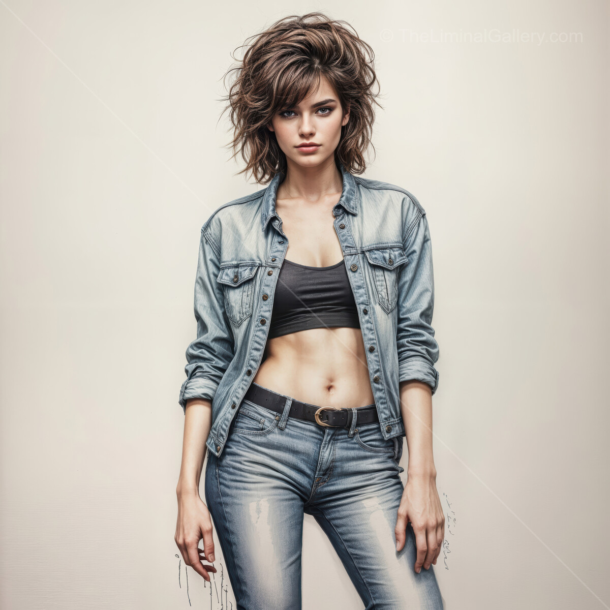 Striking model poses confidently in urban-inspired denim ensemble during a studio shoot