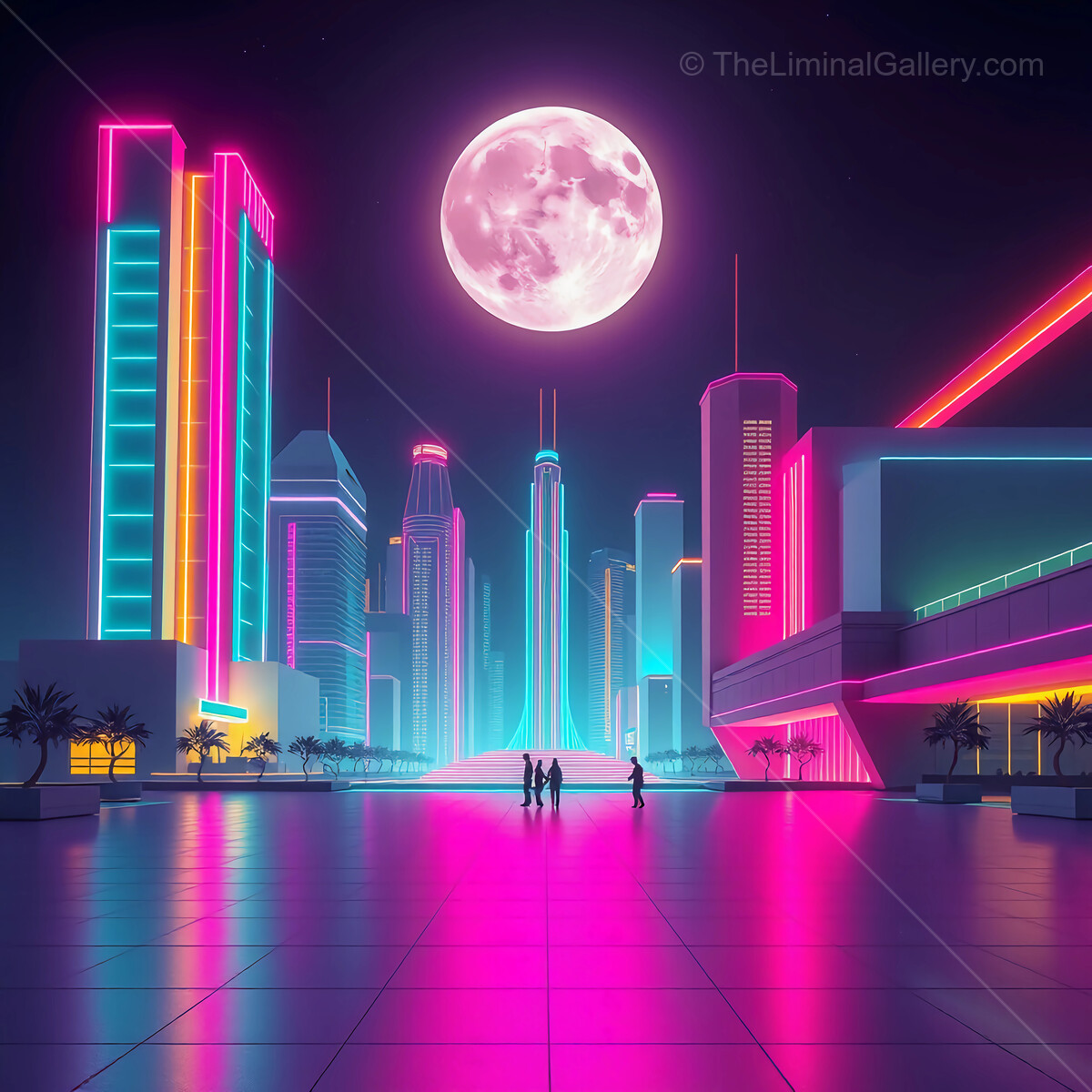 Vibrant synthwave cityscape illuminated by neon lights under a full moon at night