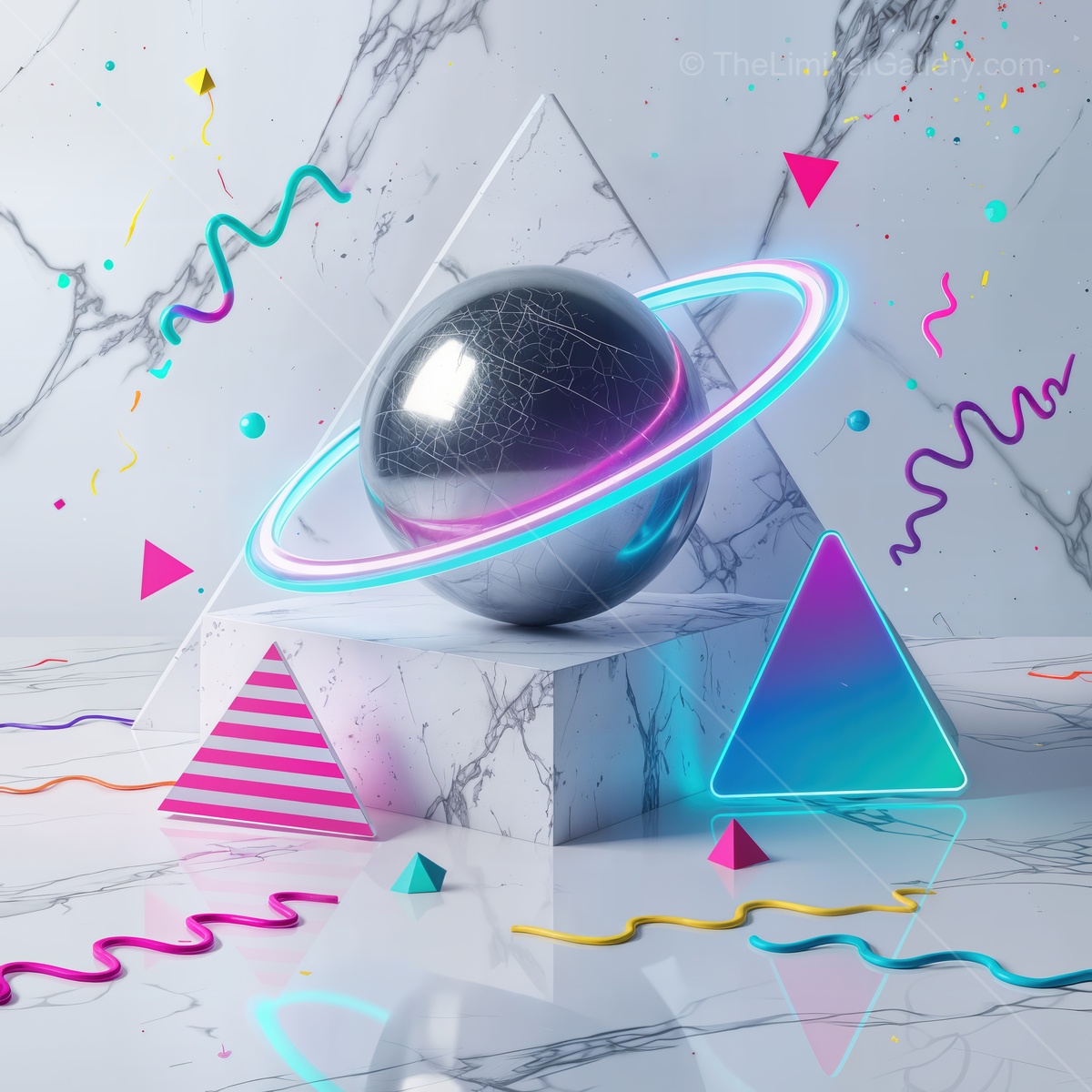 Vibrant cosmic scene with abstract shapes and illuminated planet in a futuristic setting