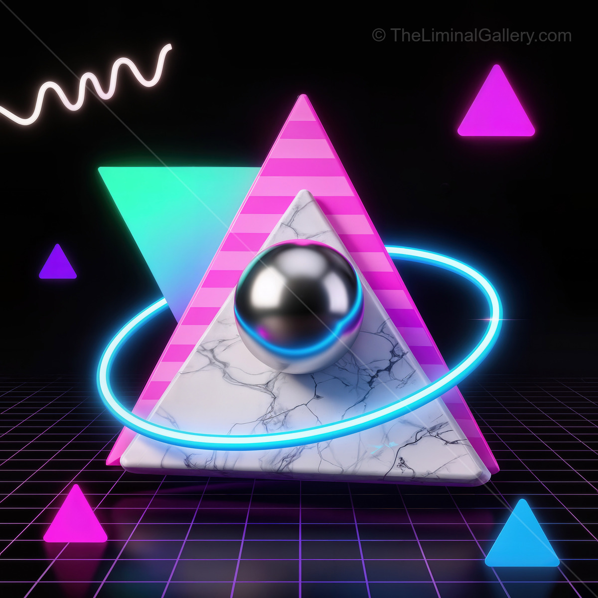 Vibrant geometric shapes and a reflective sphere create a captivating scene full of energy and color