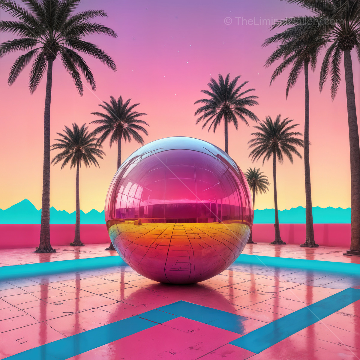 Vibrant sunset oasis with a reflective sphere amidst palm trees and colorful tiles