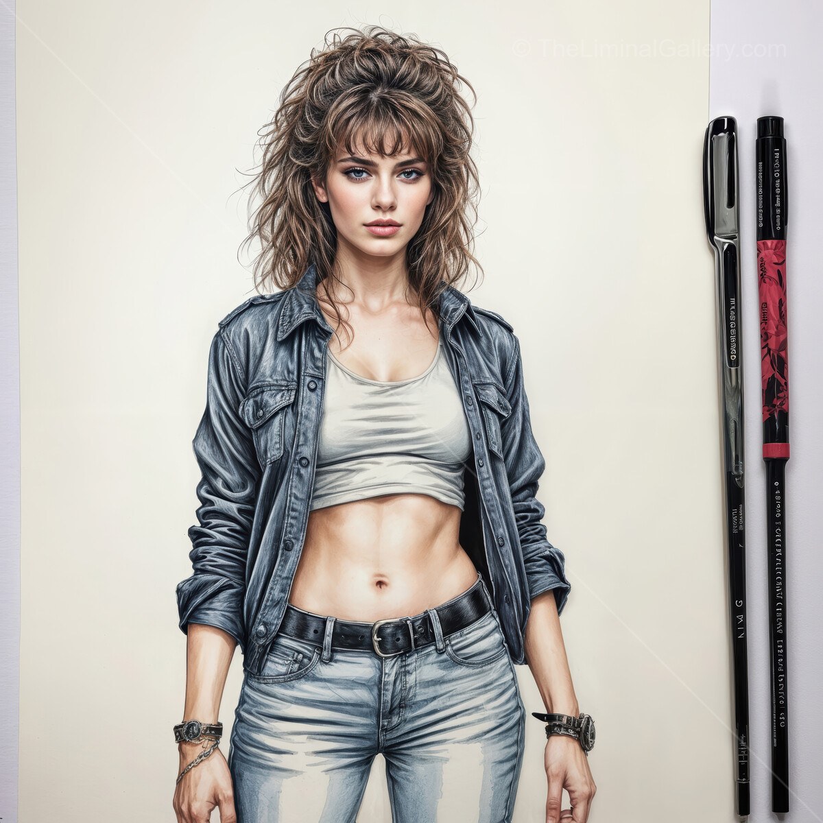 Intricate portrait of a woman with a confident gaze and vintage hairstyle in casual attire