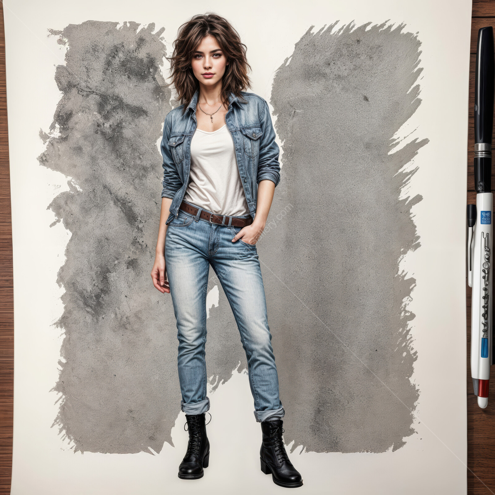Young woman in casual 80s denim outfit striking a confident pose against a textured backdrop