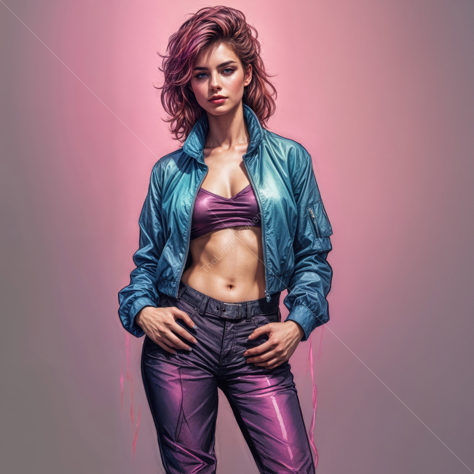 Embracing 80s fashion with a stunning model in vibrant colors and striking pose