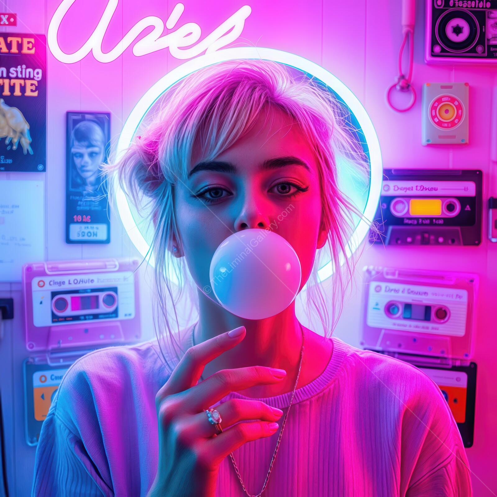 Young 80s woman blowing bubble gum in neon-lit retro cafe with nostalgic decor