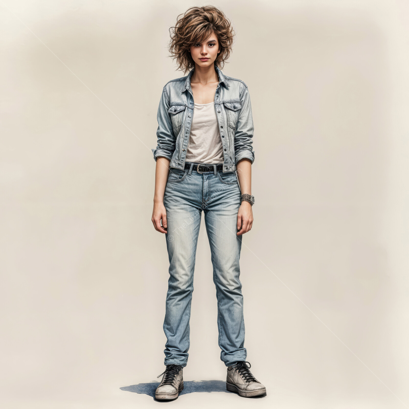 Young 80s woman in casual denim attire stands confidently against a minimalist backdrop showcasing her unique style and attitude