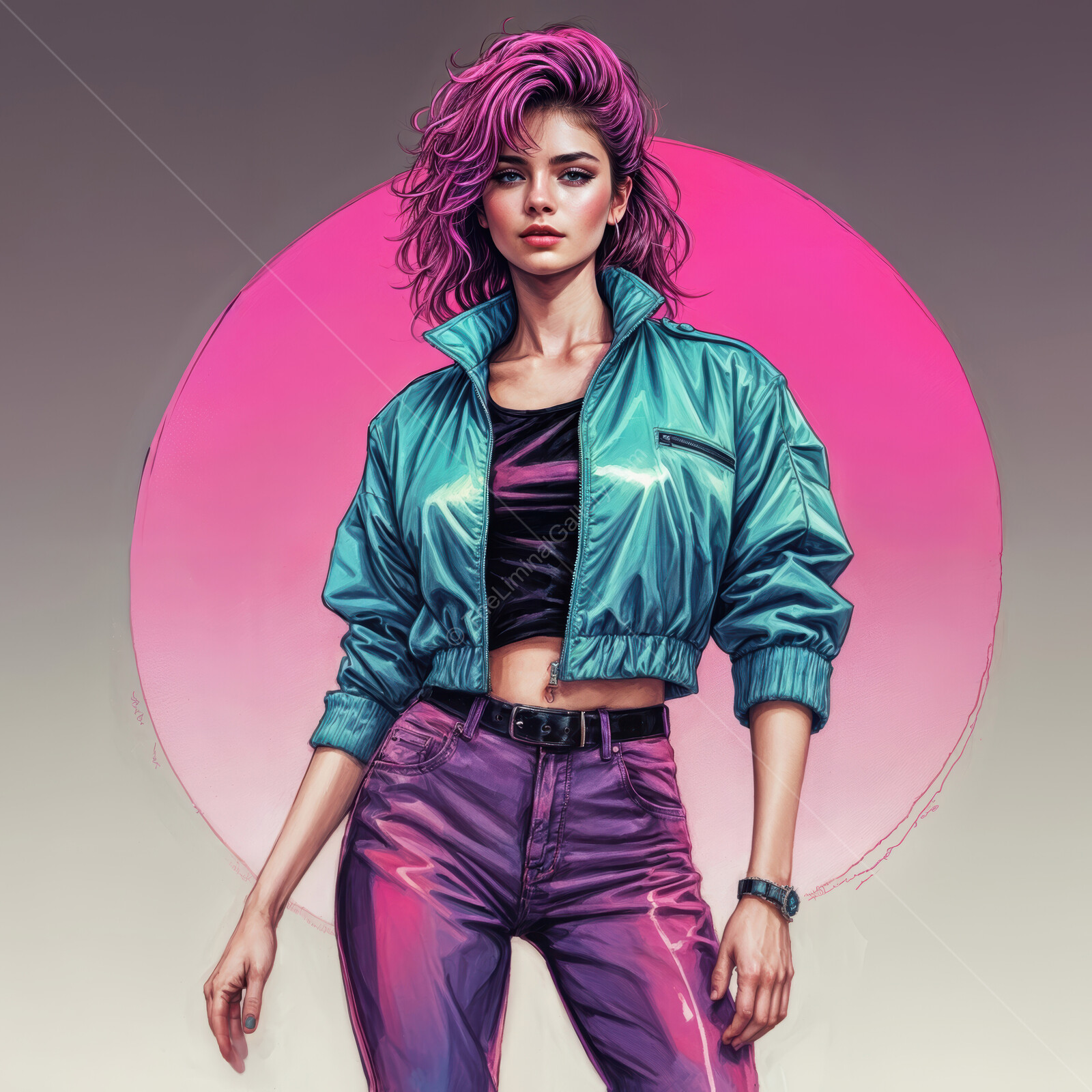 Vibrant 80s inspired fashion portrait featuring a confident woman in stylish attire