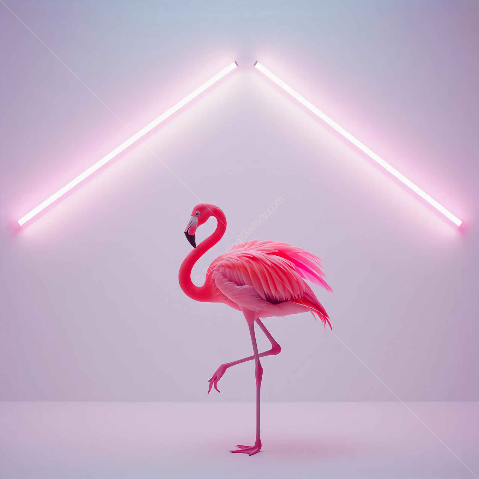 80s brightly illuminated flamingo standing gracefully against glowing neon lines