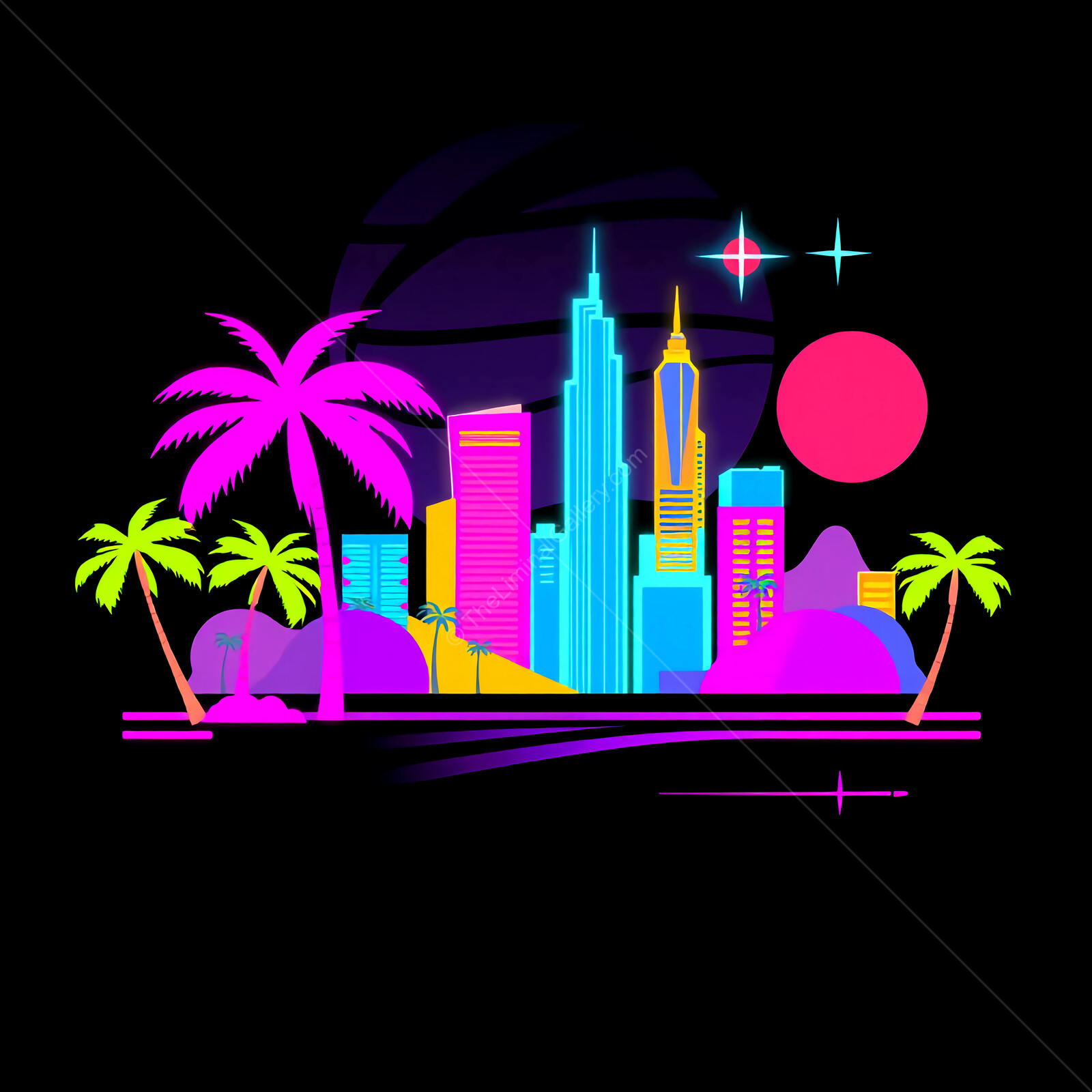 Vibrant synthwave city skyline at twilight with neon lights and palm trees in a surreal landscape