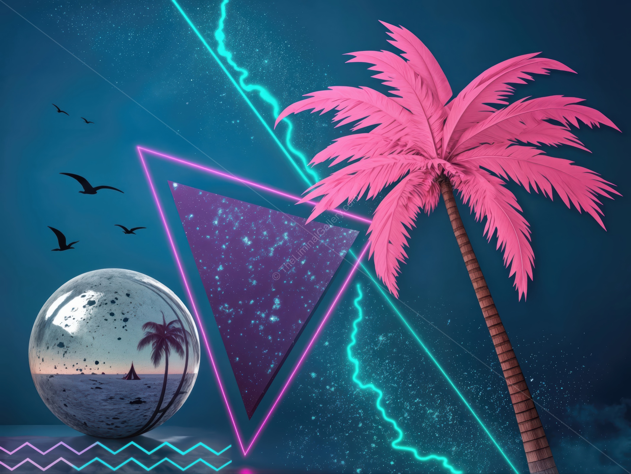 Vibrant digital landscape with palm trees and cosmic elements reflecting a retro-futuristic vibe