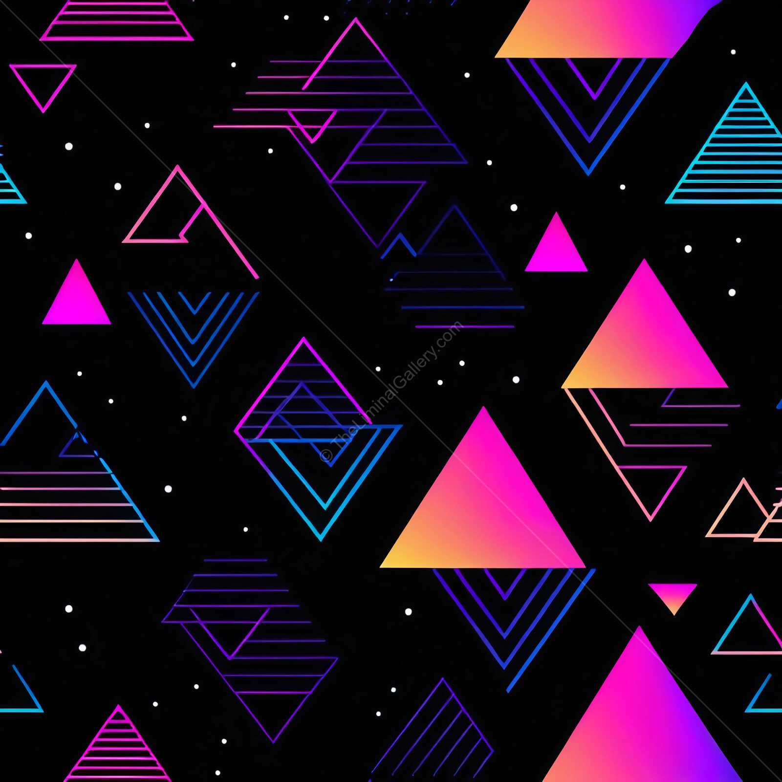 Vibrant 80s Memphis geometric patterns in electric hues create a modern visual tapestry on a dark canvas