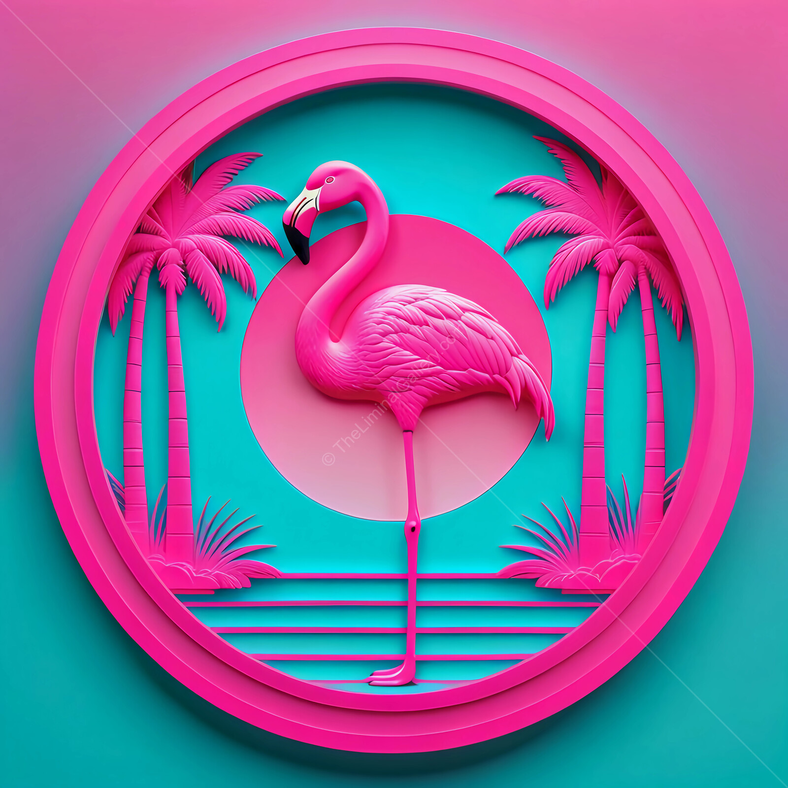 Vibrant flamingo surrounded by tropical elements in a striking artistic design