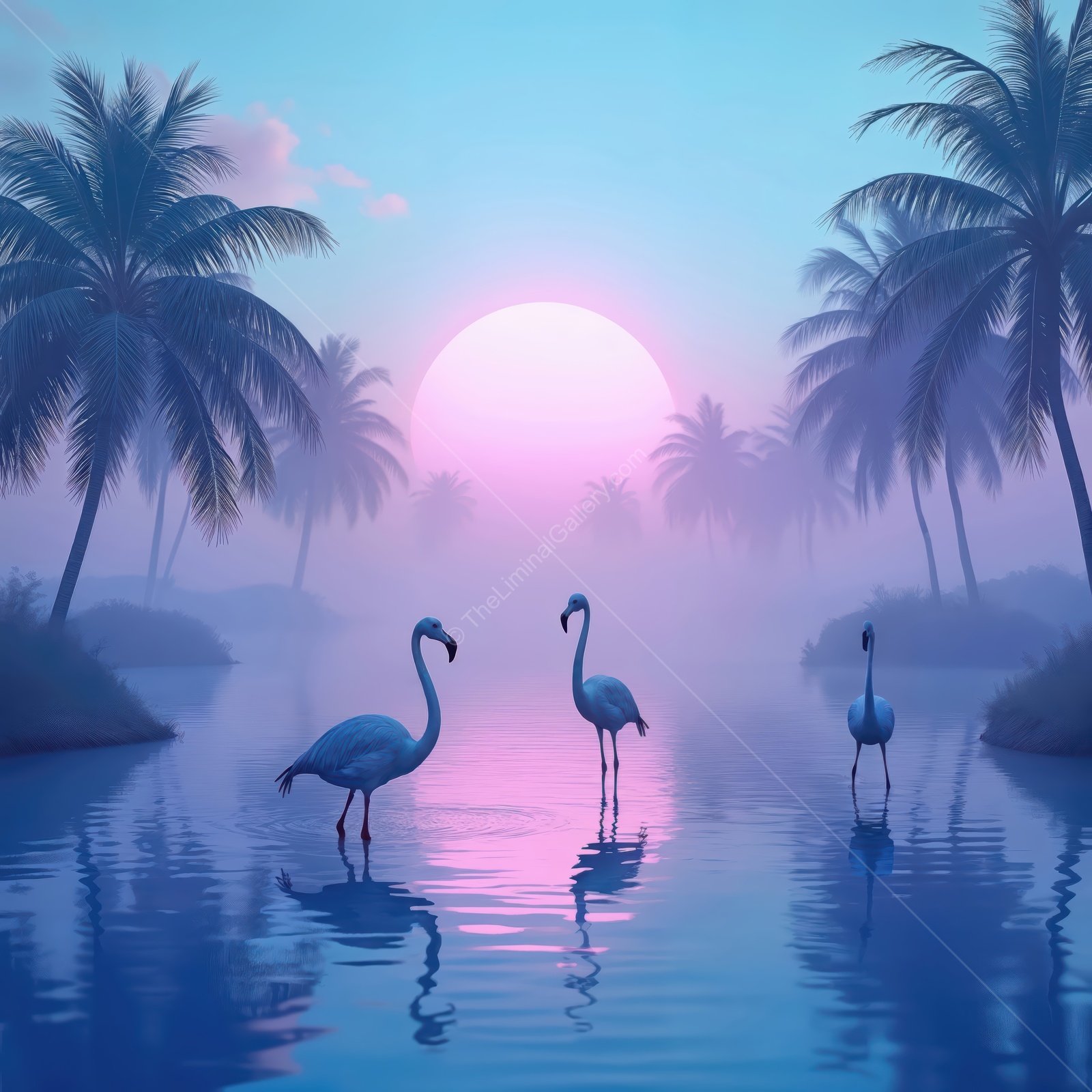 Flamingos wade through calm waters at sunset under palm trees in a dreamy tropical landscape