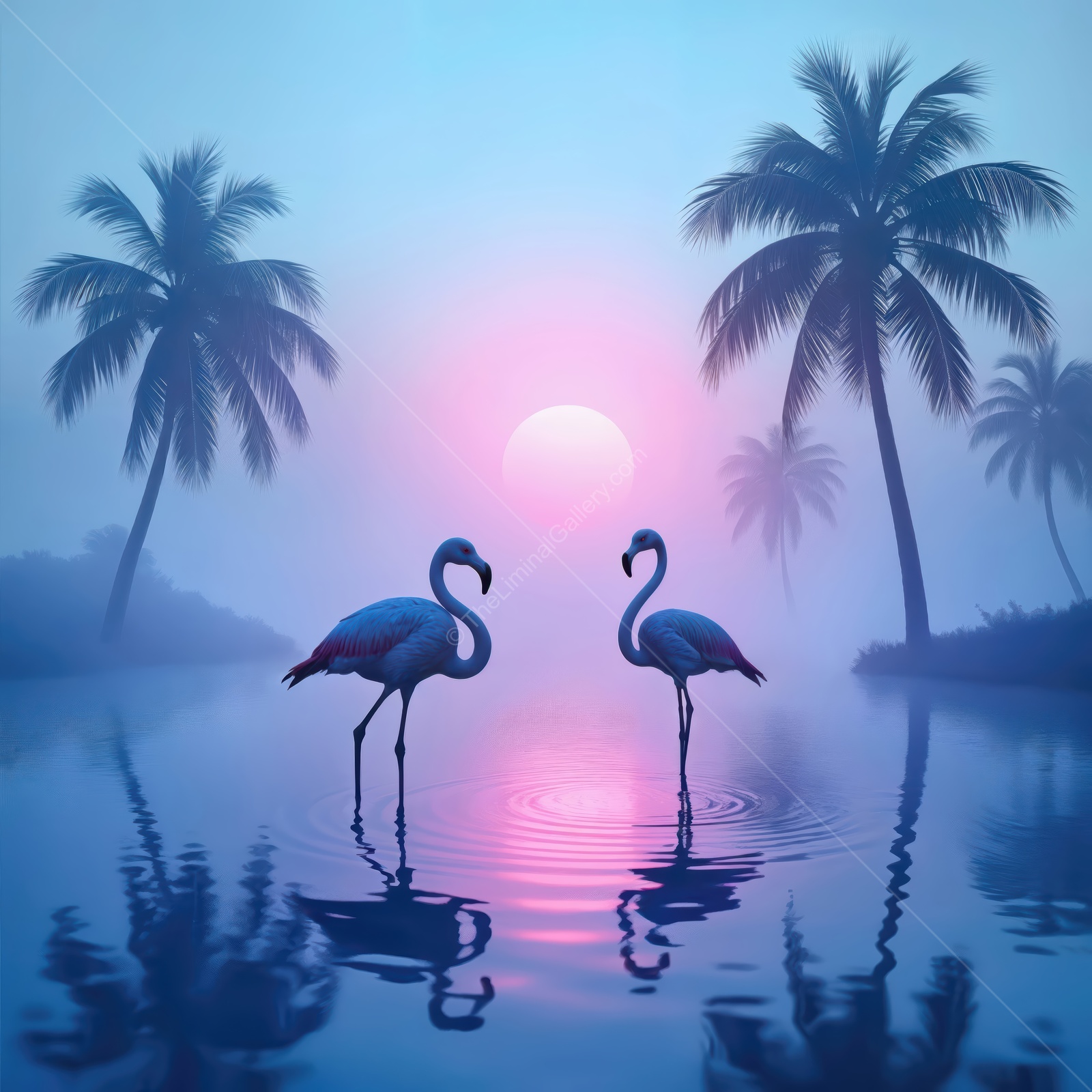 Flamingos wading in tranquil waters at sunset, surrounded by palm trees in a serene tropical landscape