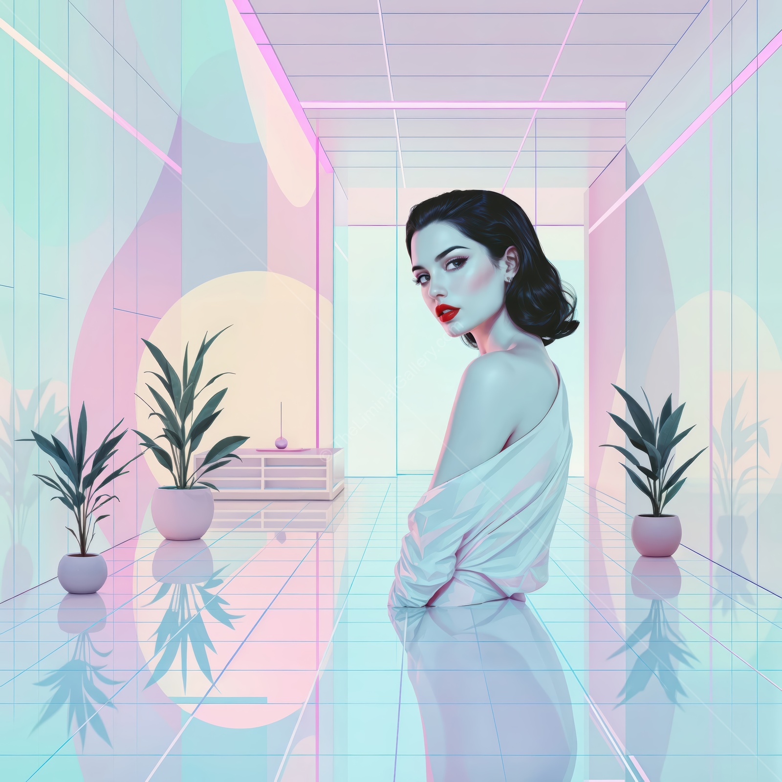Modern elegance captured in a vibrant, futuristic hallway featuring a stylish figure with red lips against lush greenery