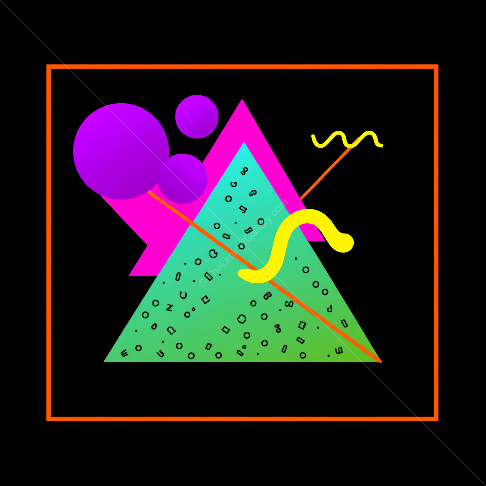 Vibrant 80s Memphis geometric composition featuring abstract shapes and bright colors against a dark background