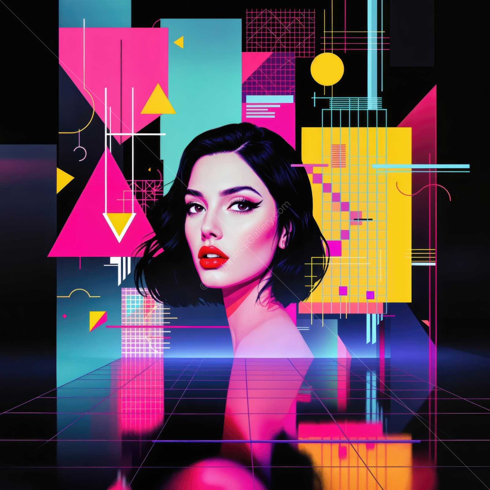 Vivid portrait of a woman in a colorful, geometric digital landscape