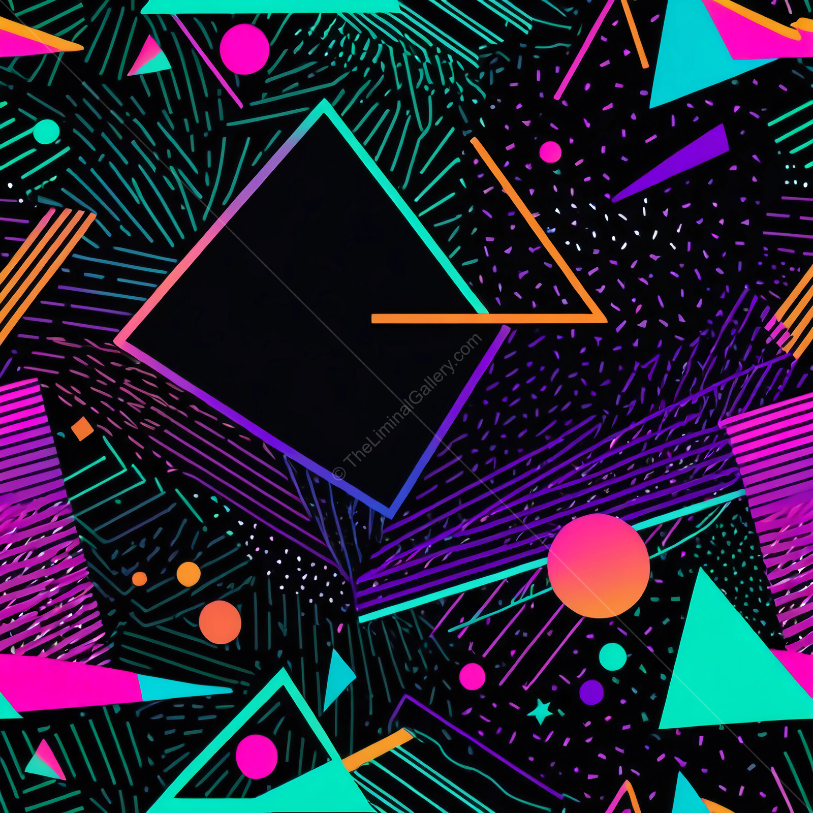 Bright and colorful Memphis 80s geometric patterns create a striking visual tapestry of shapes and lines in nighttime hues