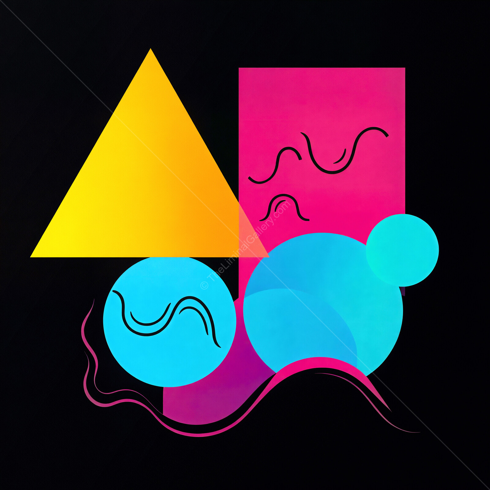 Colorful Memphis 80s geometric shapes dance in an abstract display of creativity on a dark background