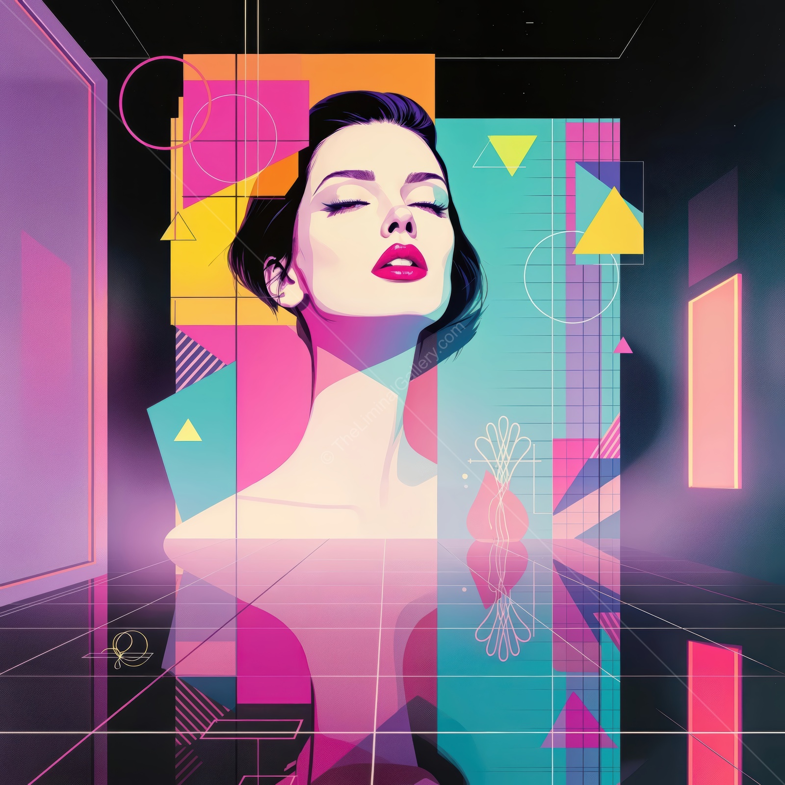 Modern geometric art showcasing a woman's portrait with vibrant colors and abstract shapes in a surreal digital landscape at dusk
