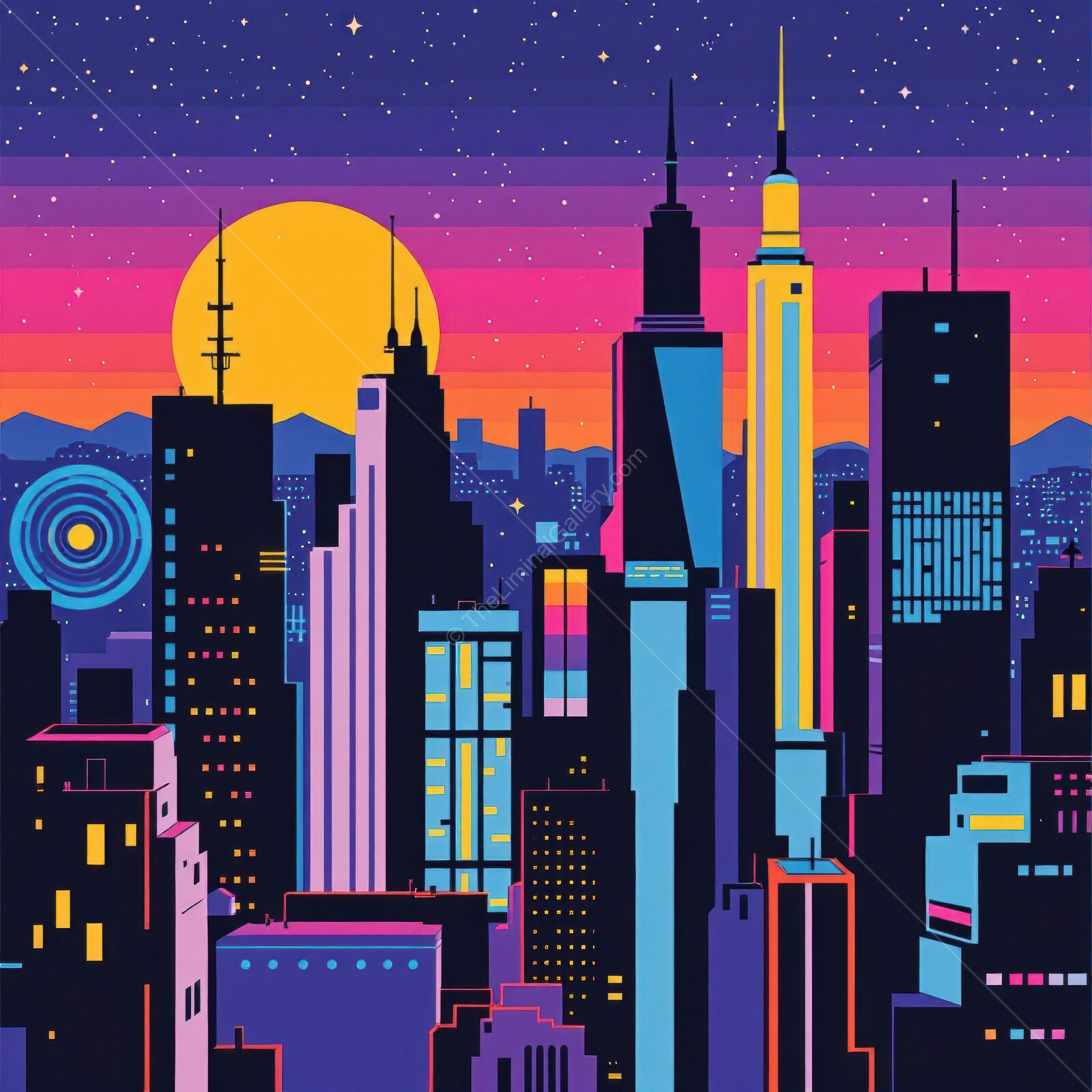 Vibrant 80s Memphis-style skyline at sunset showcasing colorful buildings illuminated under a starry night