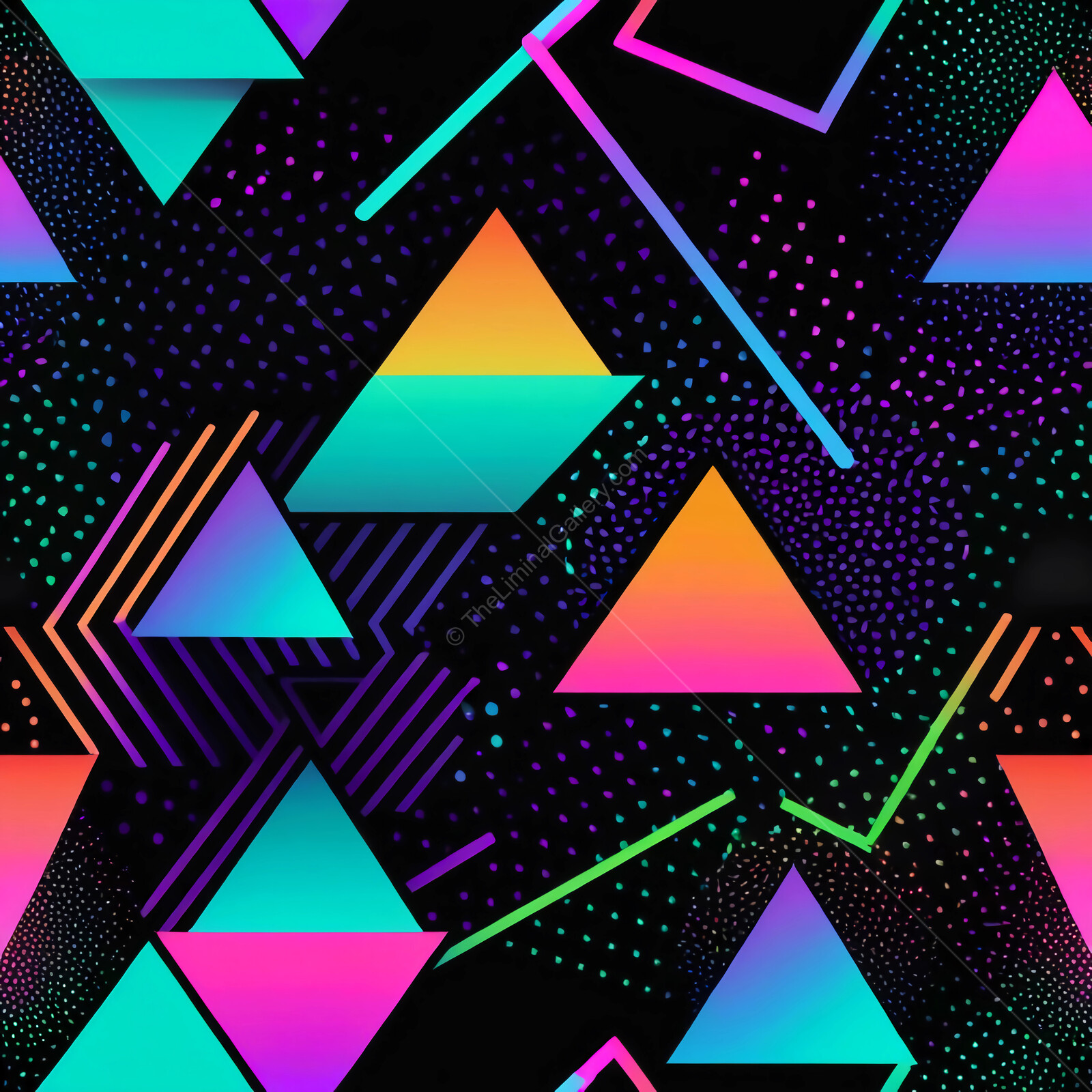 Vibrant 80s Memphis geometric patterns create a stunning visual display in a dark space