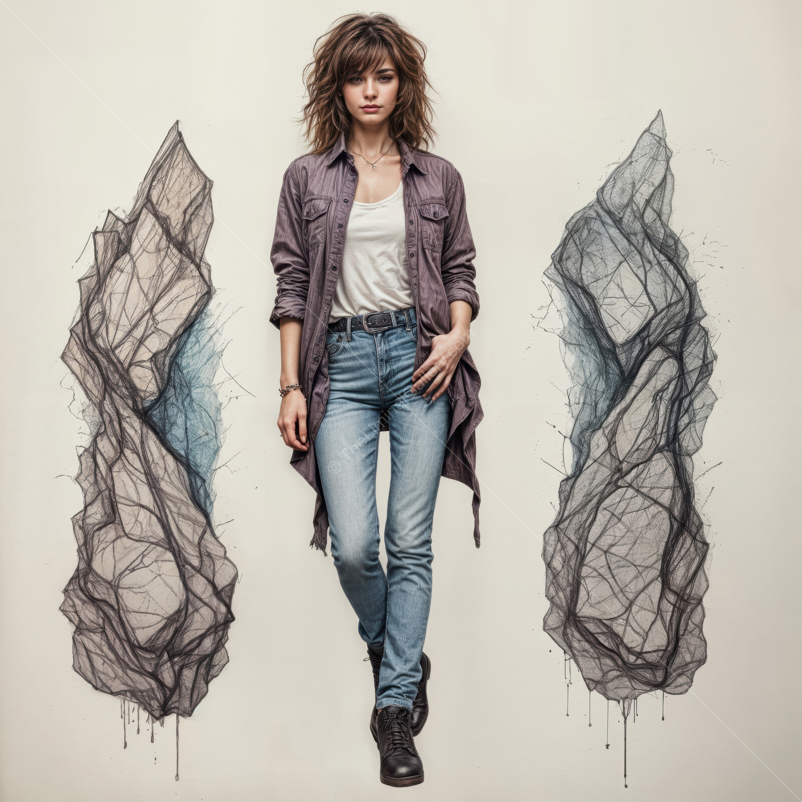 Unique art installation features a woman between two abstract rock sculptures in an artistic expression of nature