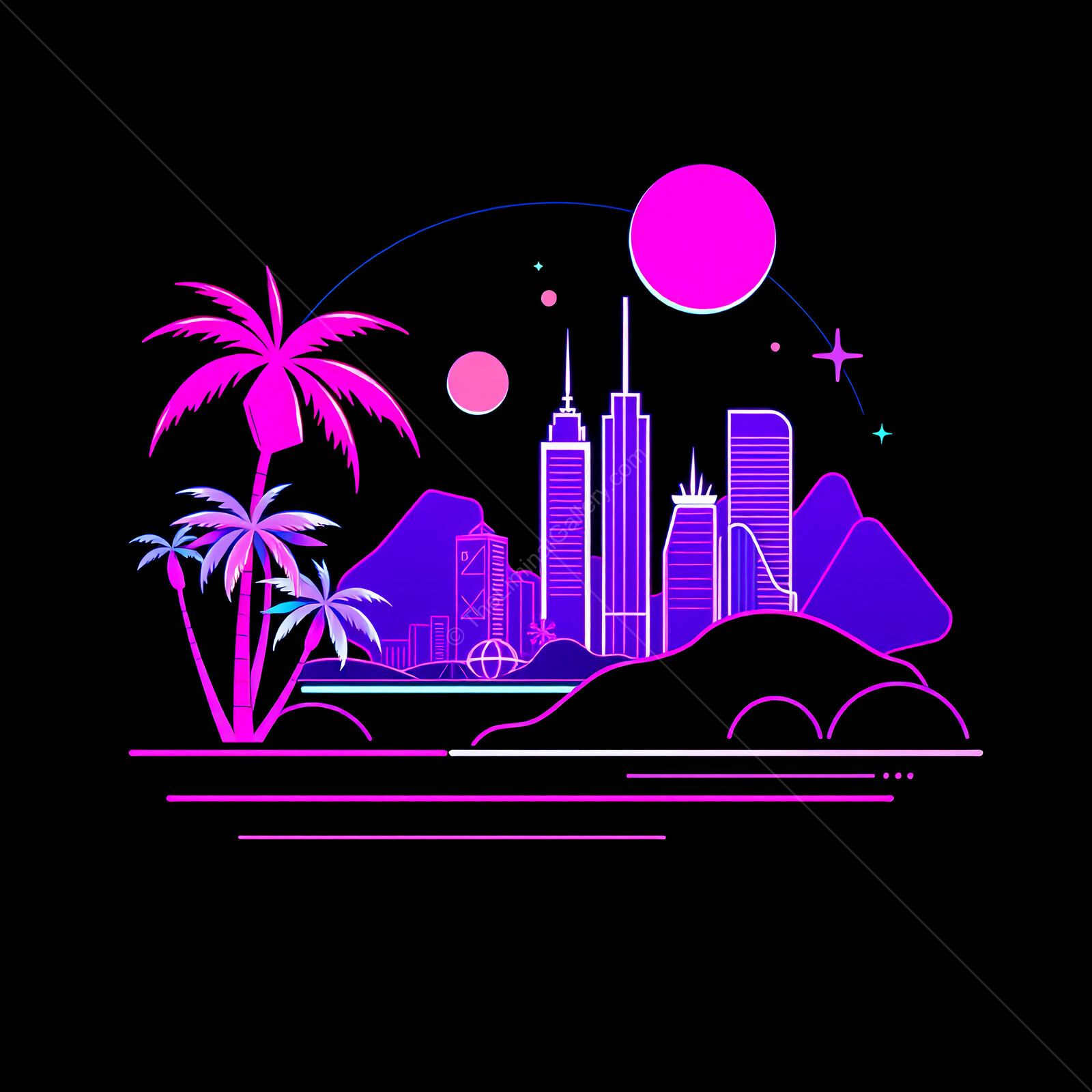 Vibrant 80s city skyline in neon colors set against a cosmic landscape at night