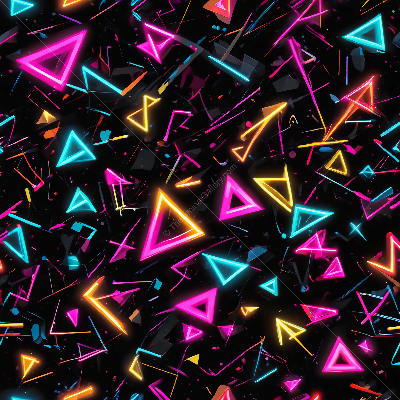 Bright 80s geometric shapes dance across a dark background in a vibrant digital artwork