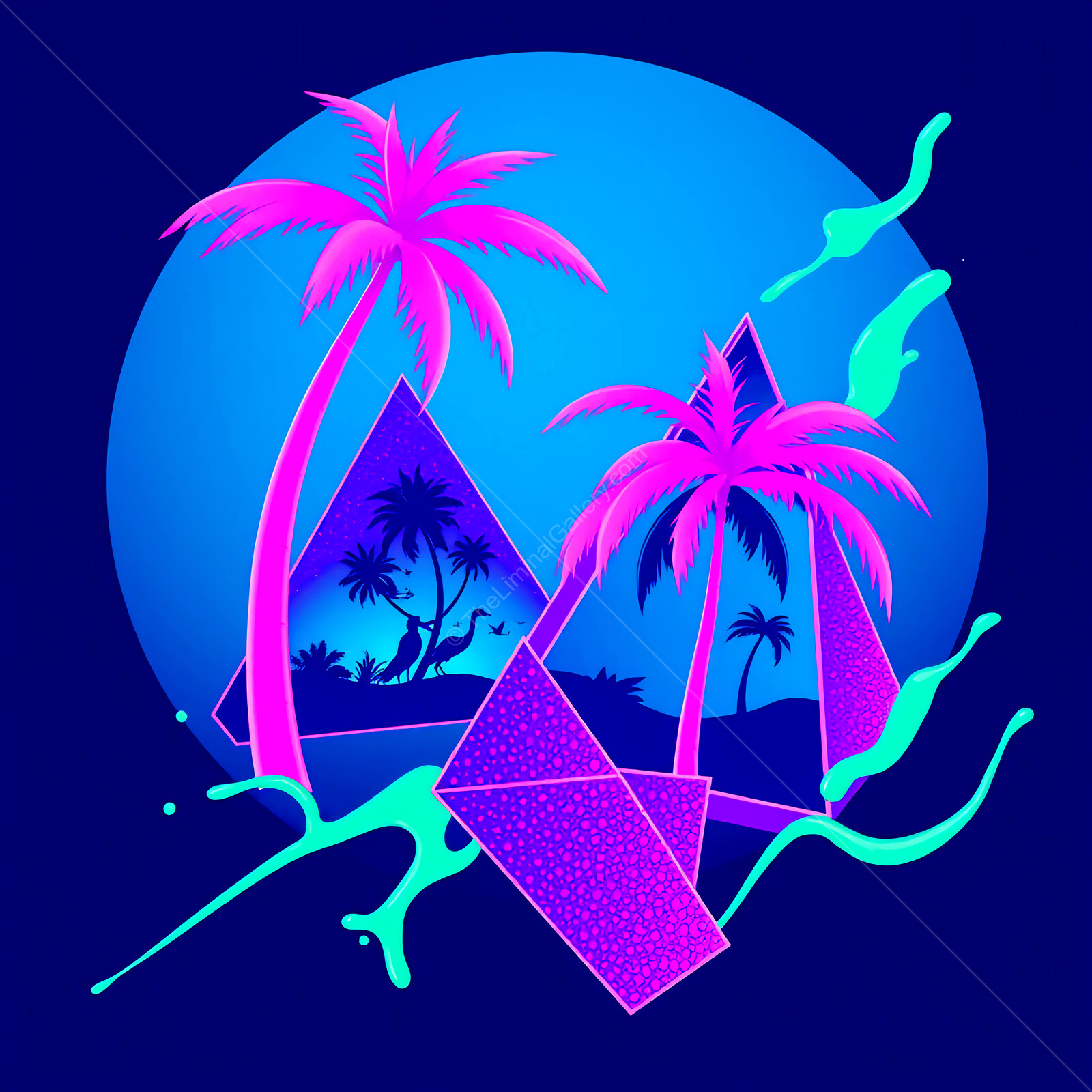 Vibrant 80s trapper keeper like tropical landscape with surreal pyramids and neon palm trees