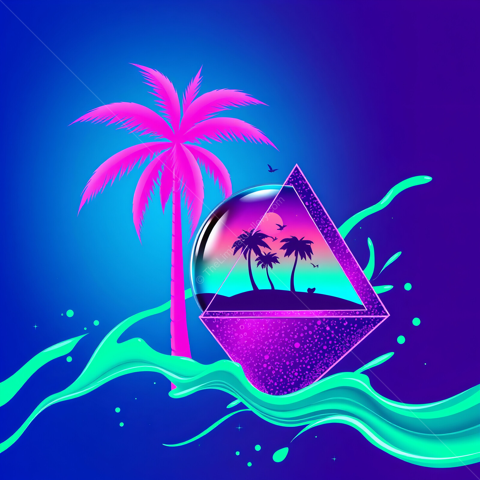 Vivid 80s trapper keeper-like tropical paradise with neon colors and geometric shapes in harmony with nature