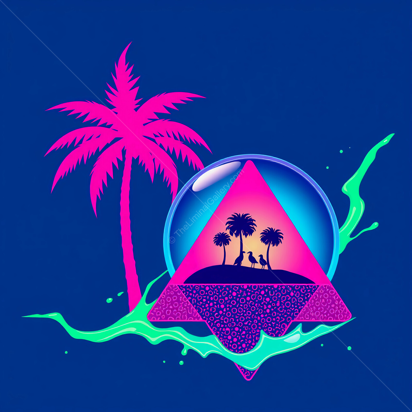 Vibrant 80s trapper-keeper like tropical paradise captured in surreal neon art with palm trees and a mystical pyramid
