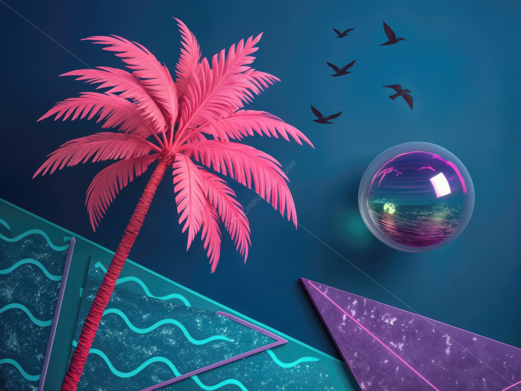 Vibrant palm tree and surreal landscape create a dreamlike scene with bold colors and geometric shapes