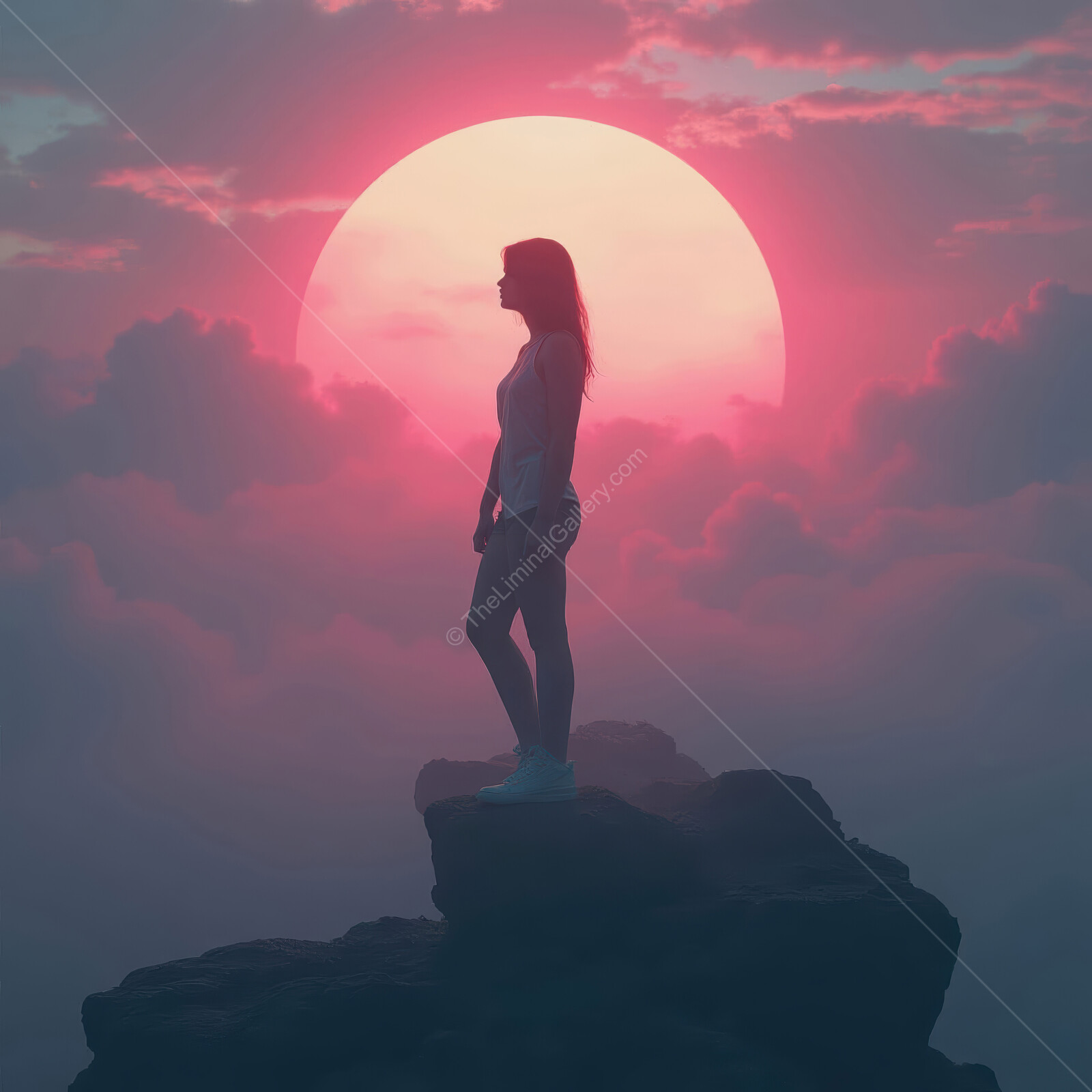 Ethereal silhouette at sunset against vibrant clouds illuminating the sky