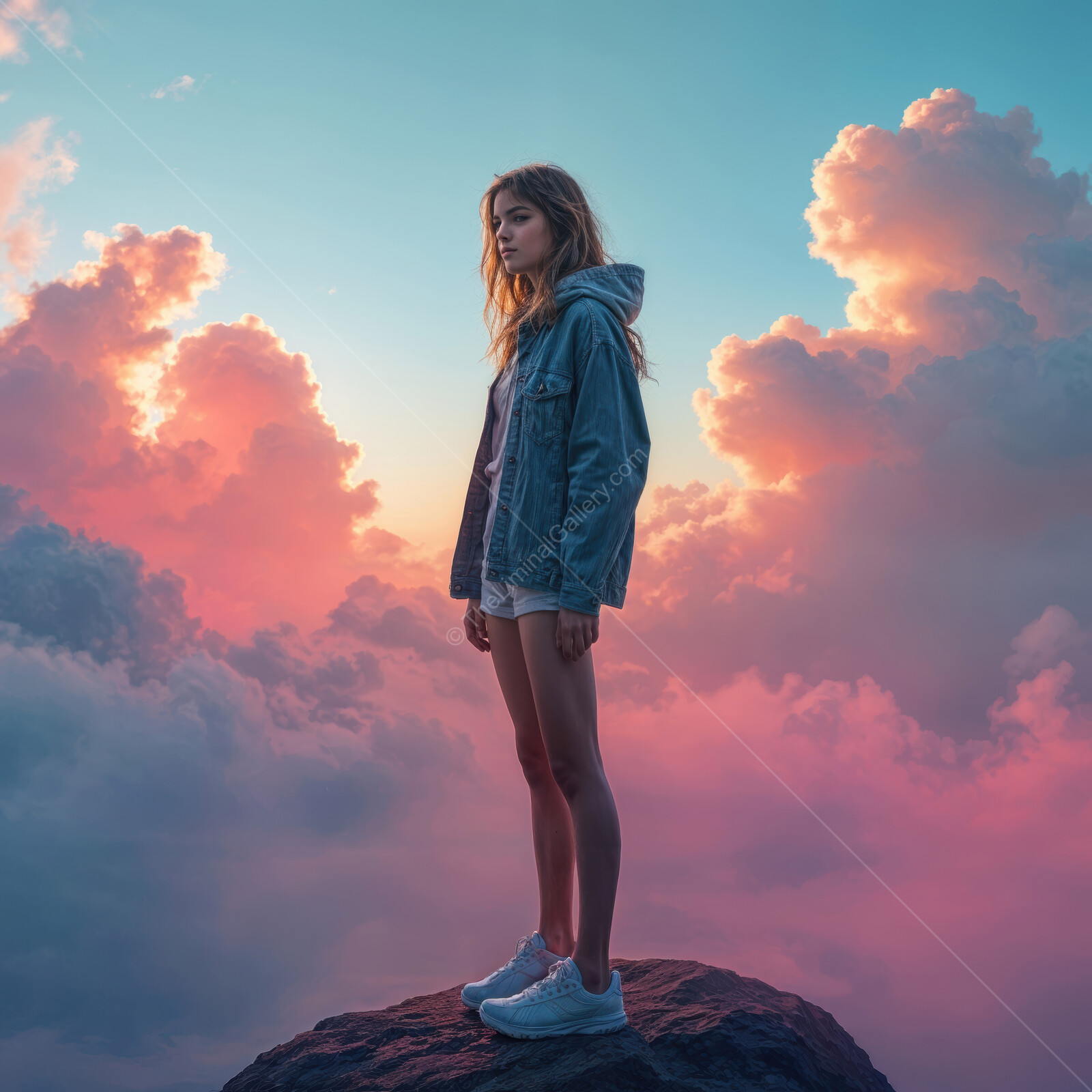 Ethereal girl stands on a rock amidst vibrant clouds at sunset creating a magical atmosphere