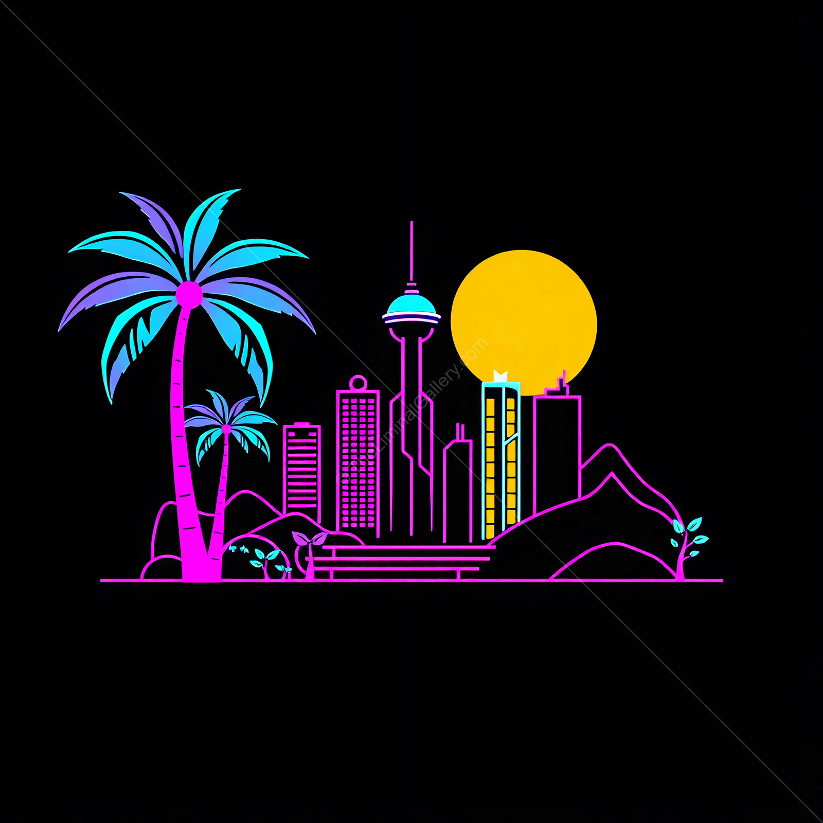 Vibrant 80s sunset skyline with palm trees and urban landscape embracing tropical vibes