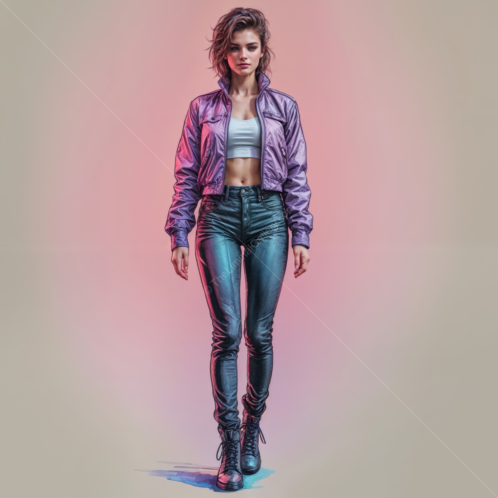 Stylish 80s woman confidently walking in urban fashion with vibrant background colors