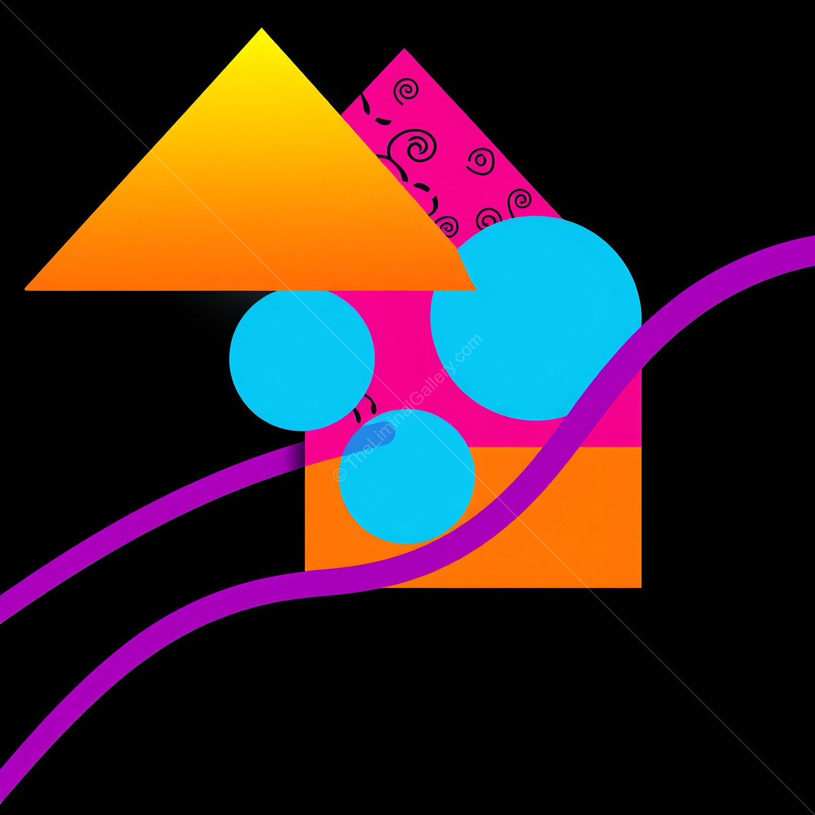 Colorful Memphis geometric shapes interact dynamically against a black backdrop in a vibrant abstract composition