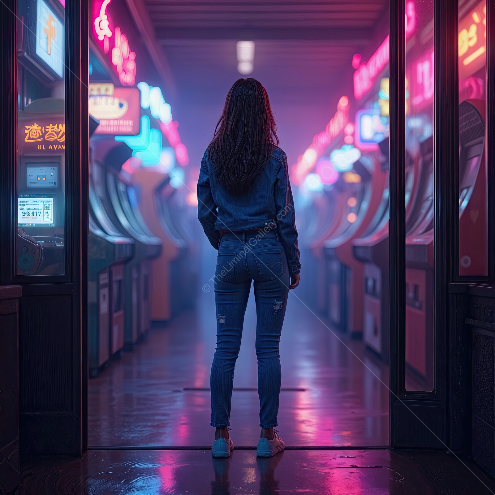 Exploring a vibrant arcade filled with neon lights and retro games at dusk