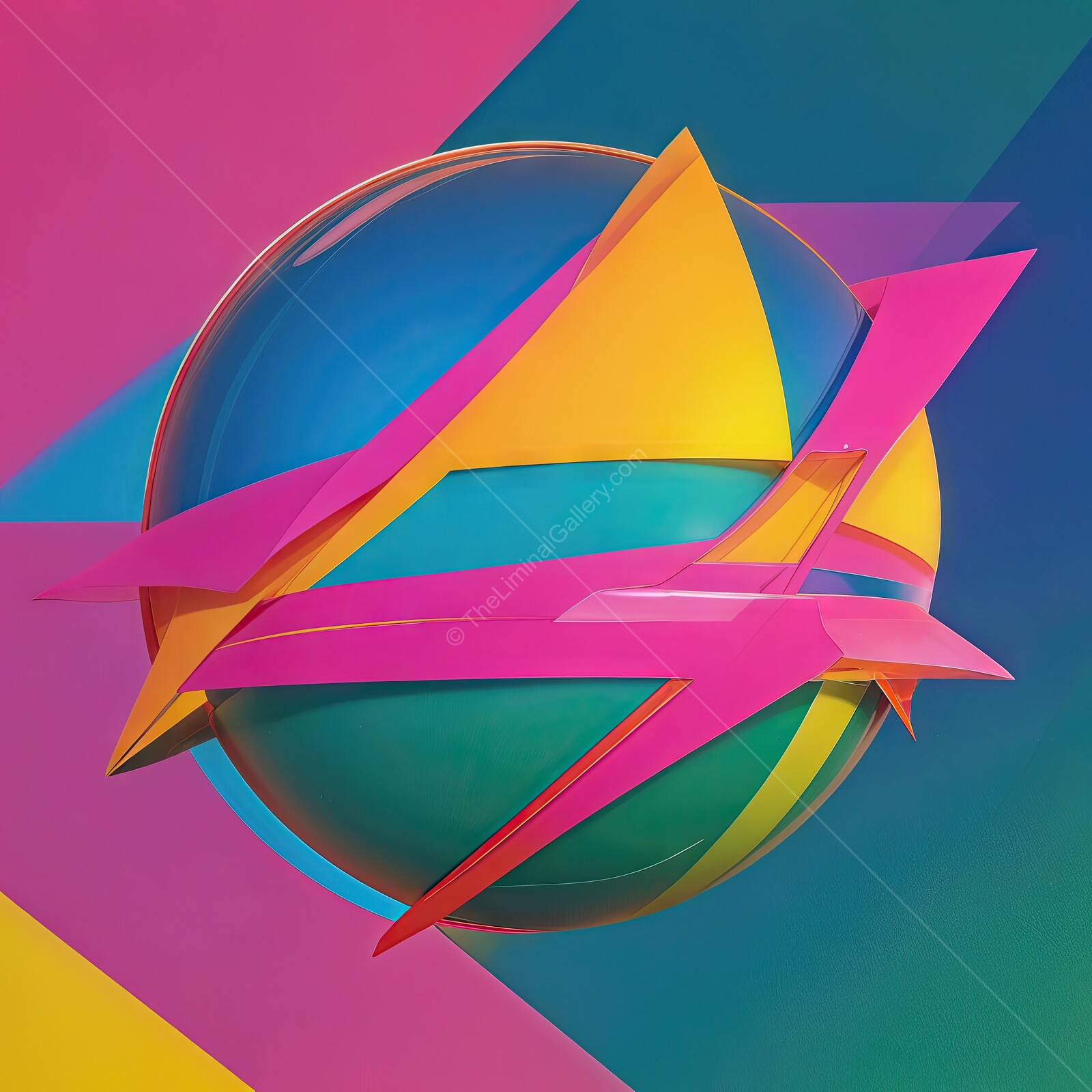 Vibrant 80s geometric shapes converge on a dynamic orb amidst a colorful backdrop